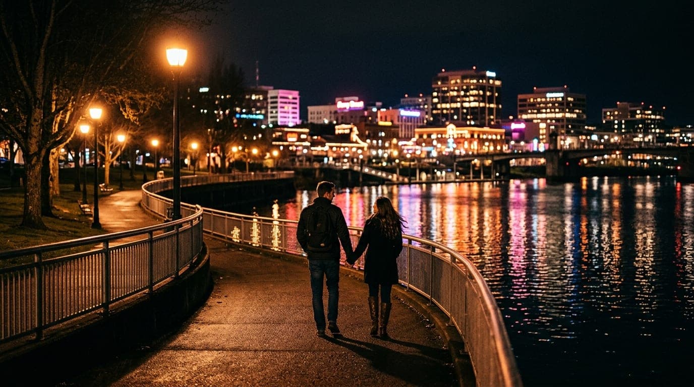 Centered wide shot of a couple walking along the dark Corvallis riverfront path at night, illuminated by warm streetlamps,...