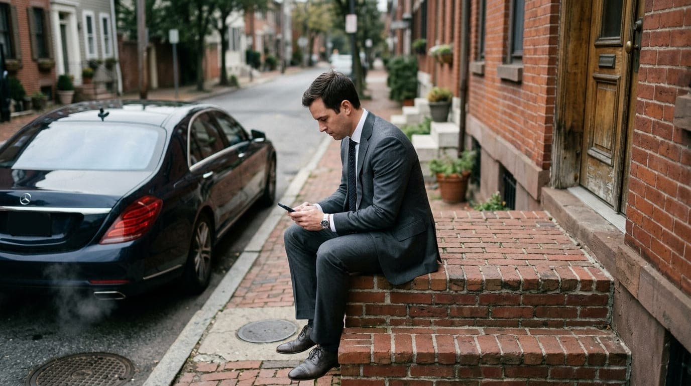 85mm portrait, shallow depth of field. A man in a crisp charcoal suit sits on a Plano brick stoop at dawn, checking his ph...
