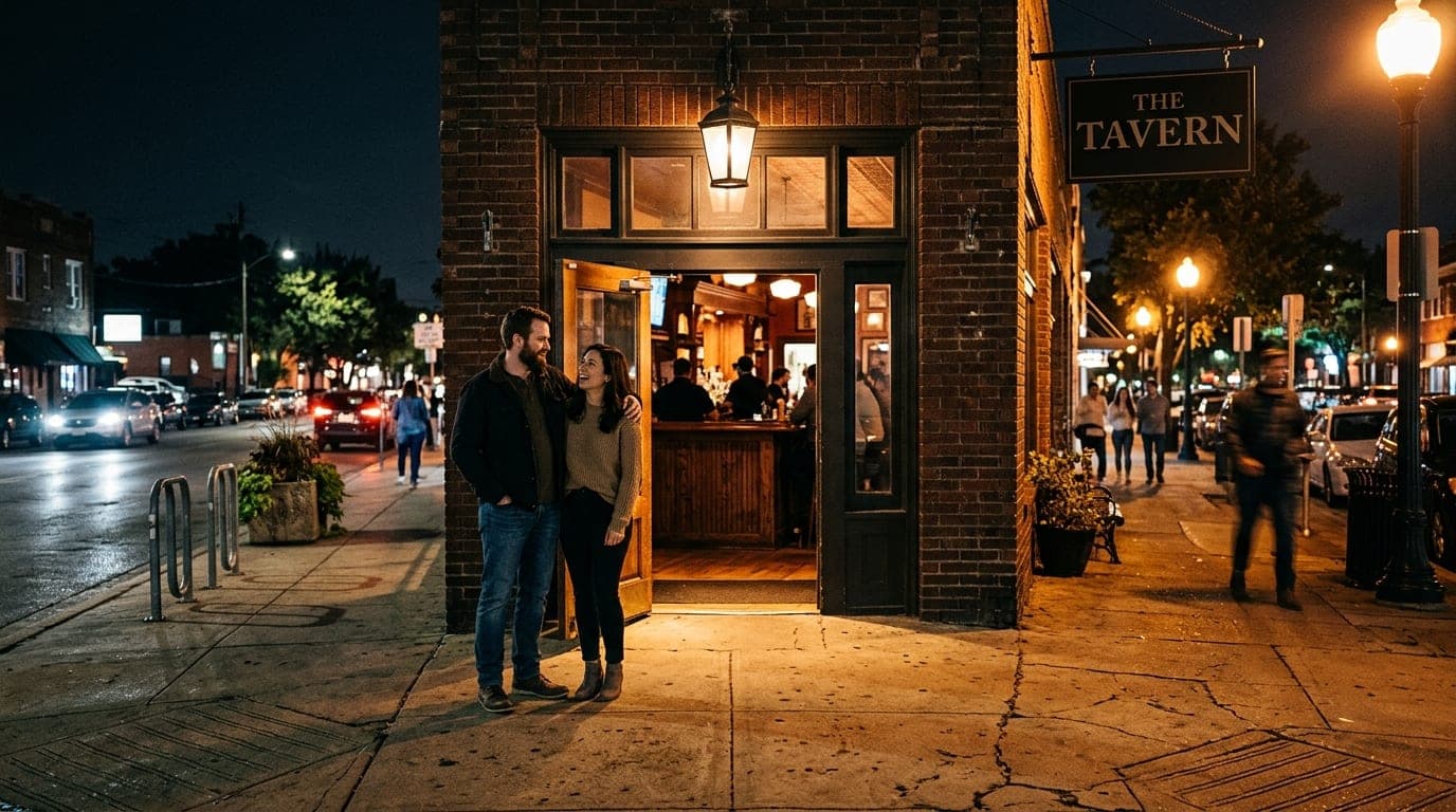 A 24mm wide-angle shot of a couple standing outside a dimly lit North Dallas brick tavern at night. Warm tungsten light sp...