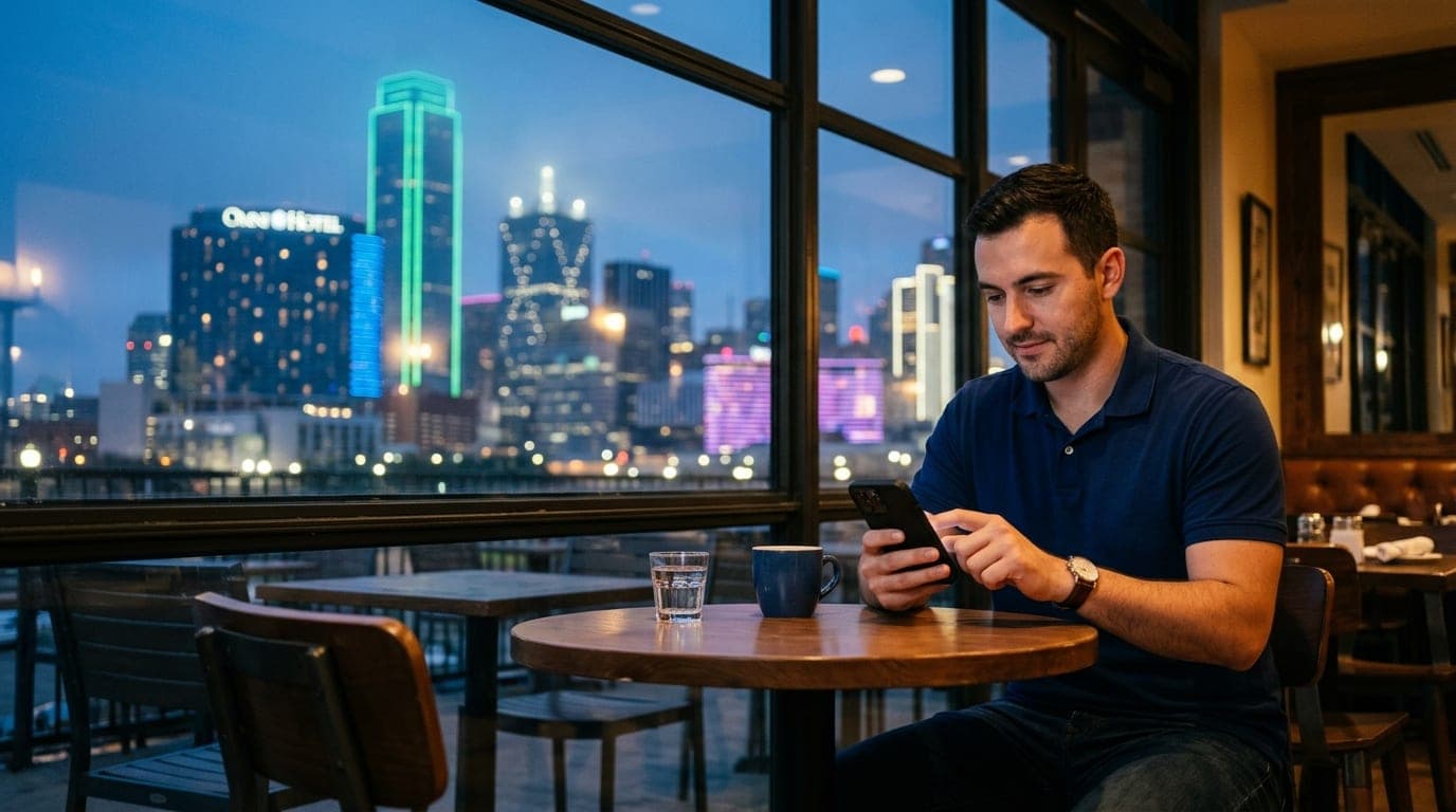 A man in a crisp navy polo sits at a Victory Park bistro table, tapping his verified Bumble profile on a phone. The sparkl...