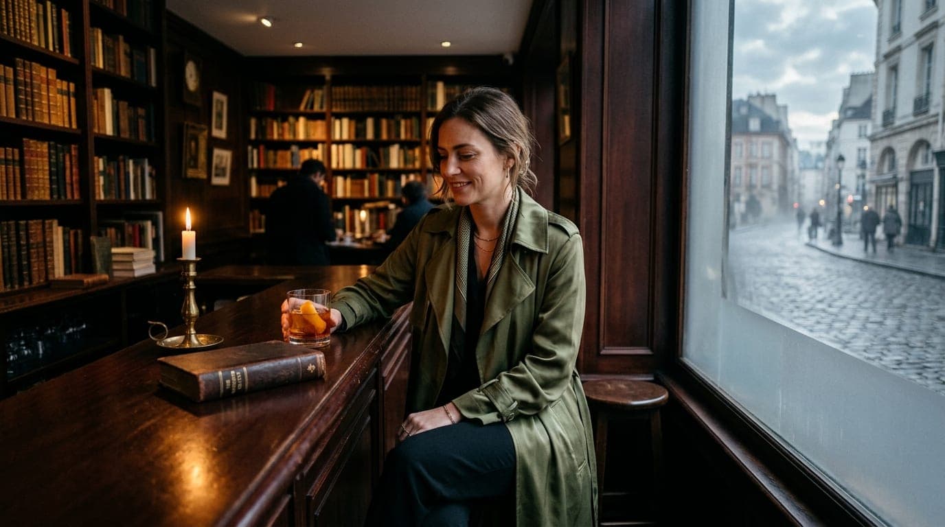A woman in a silk trench coat holds a cocktail at a dark, mahogany-paneled bookstore bar. A leather-bound book rests besid...