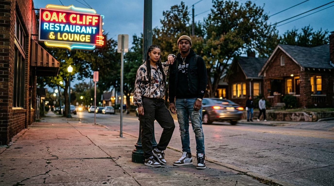 Low-angle hero shot of a couple in designer streetwear standing on an Oak Cliff sidewalk, illuminated by the neon glow of...