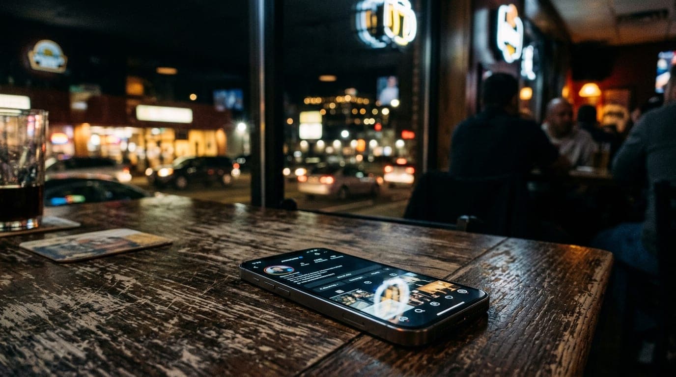 A low-angle, 50mm shot of a modern smartphone resting on a worn wooden table at a Mill Plain Road lounge. The screen displ...