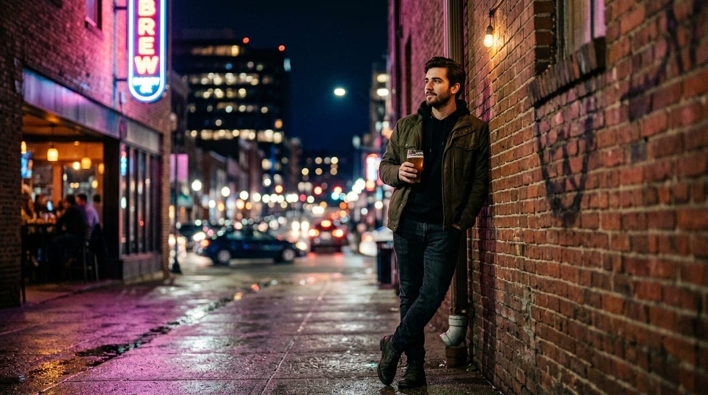 A low-angle, centered shot of a person leaning against a brewery brick wall at night, holding a craft beer. Blurred, shimm...