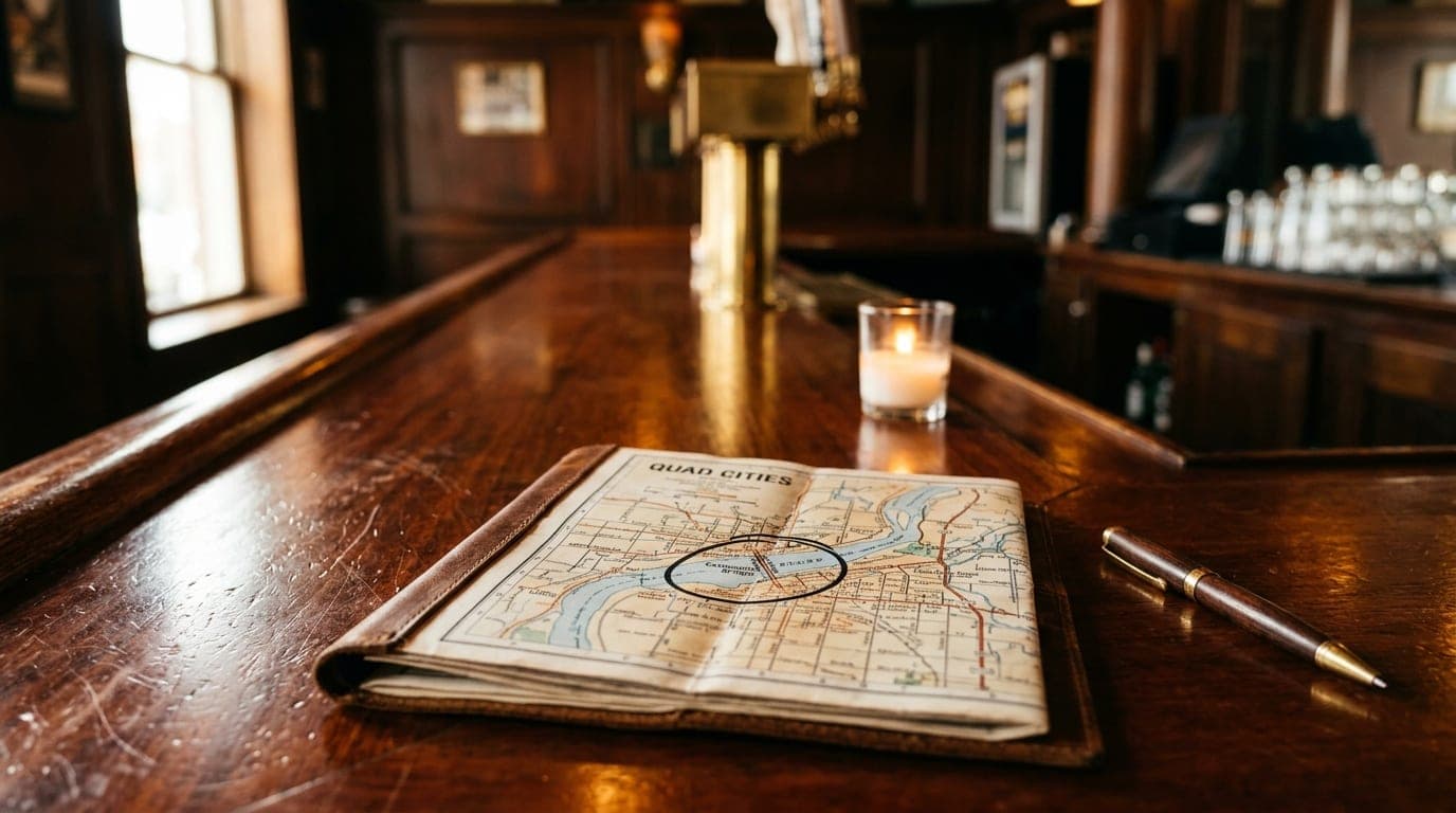 A close-up shot of a polished mahogany bar in a sunlit Davenport tavern. A leather-bound map of the Quad Cities is folded...