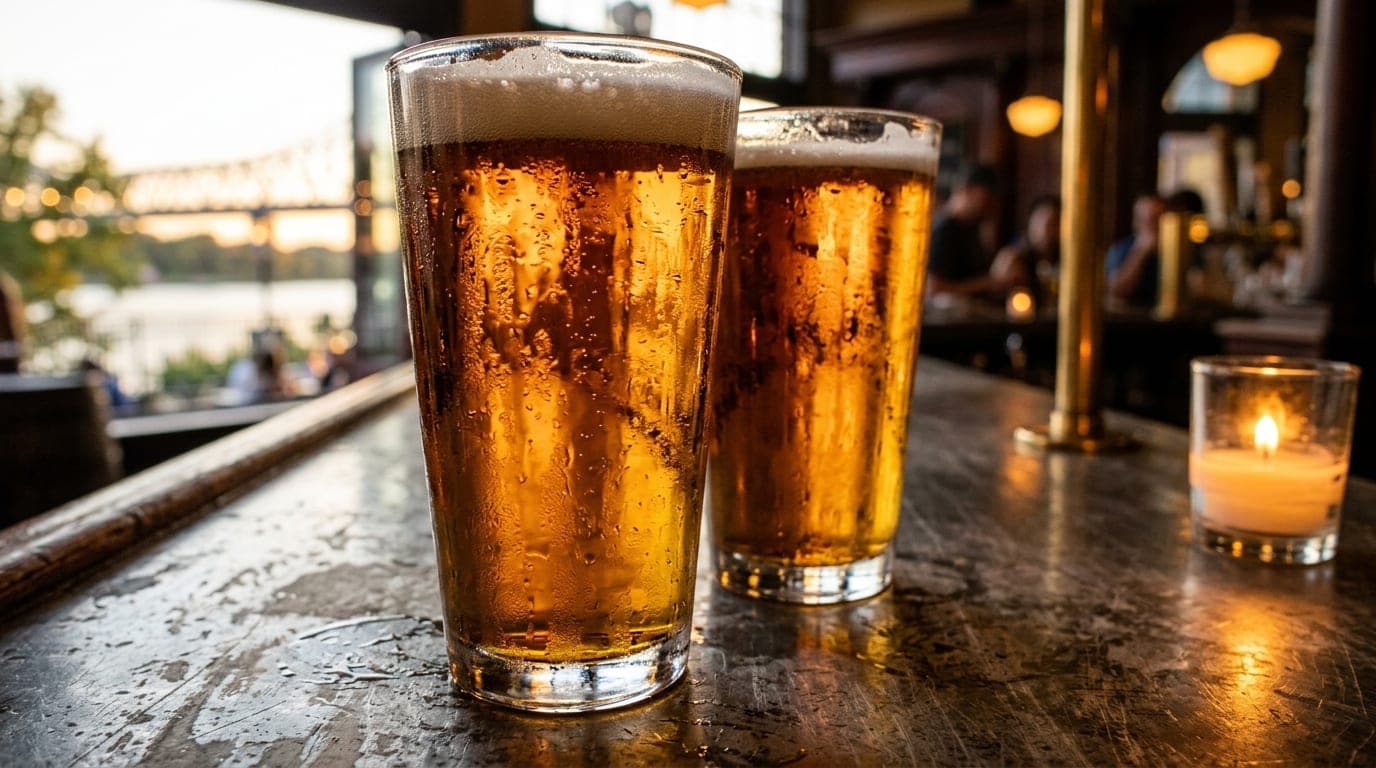 Extreme macro, 100mm, golden hour. Two glowing, amber-filled pint glasses rest on a distressed zinc bar at Front Street Br...