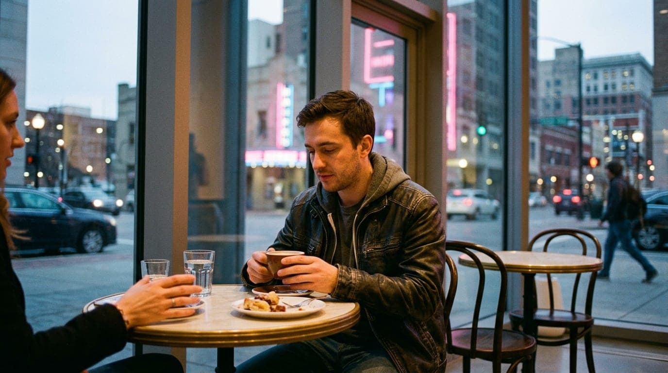A 35mm documentary shot, rule-of-thirds with the subject offset right, features a man in a leather jacket holding a coffee...