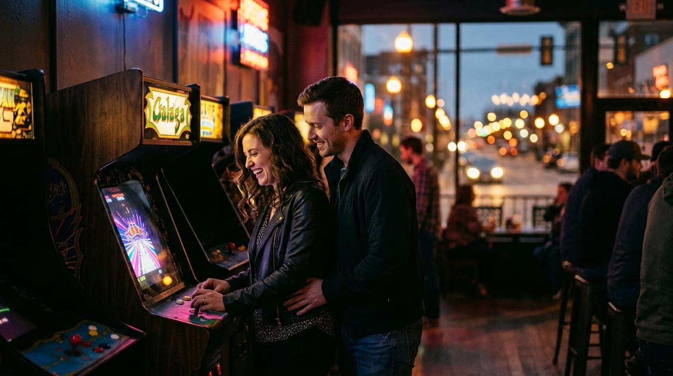 A couple stands at a flickering vintage arcade cabinet, illuminated by warm neon game glows. Shallow depth of field blurs...