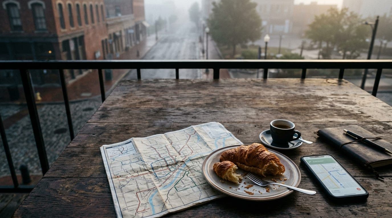 Overhead flat-lay, 50mm natural perspective. An overcast morning on a worn wooden bistro table features a transit map of t...
