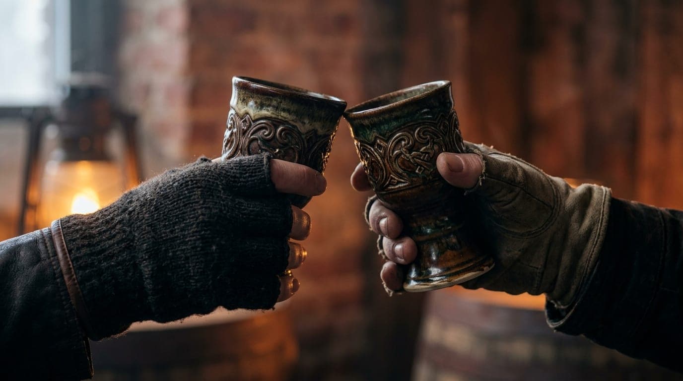 100mm macro shot of two gloved hands clinking ornate ceramic mead glasses together in a dimly lit, rustic nook of a Davenp...