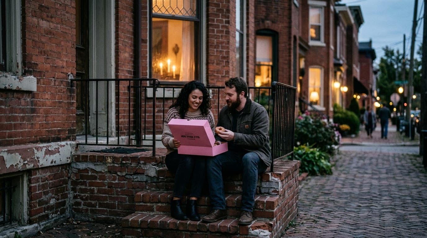 A couple sits on a crumbling brick stoop in the Oregon District at dusk. They share a pink cardboard pastry box from Bill’...