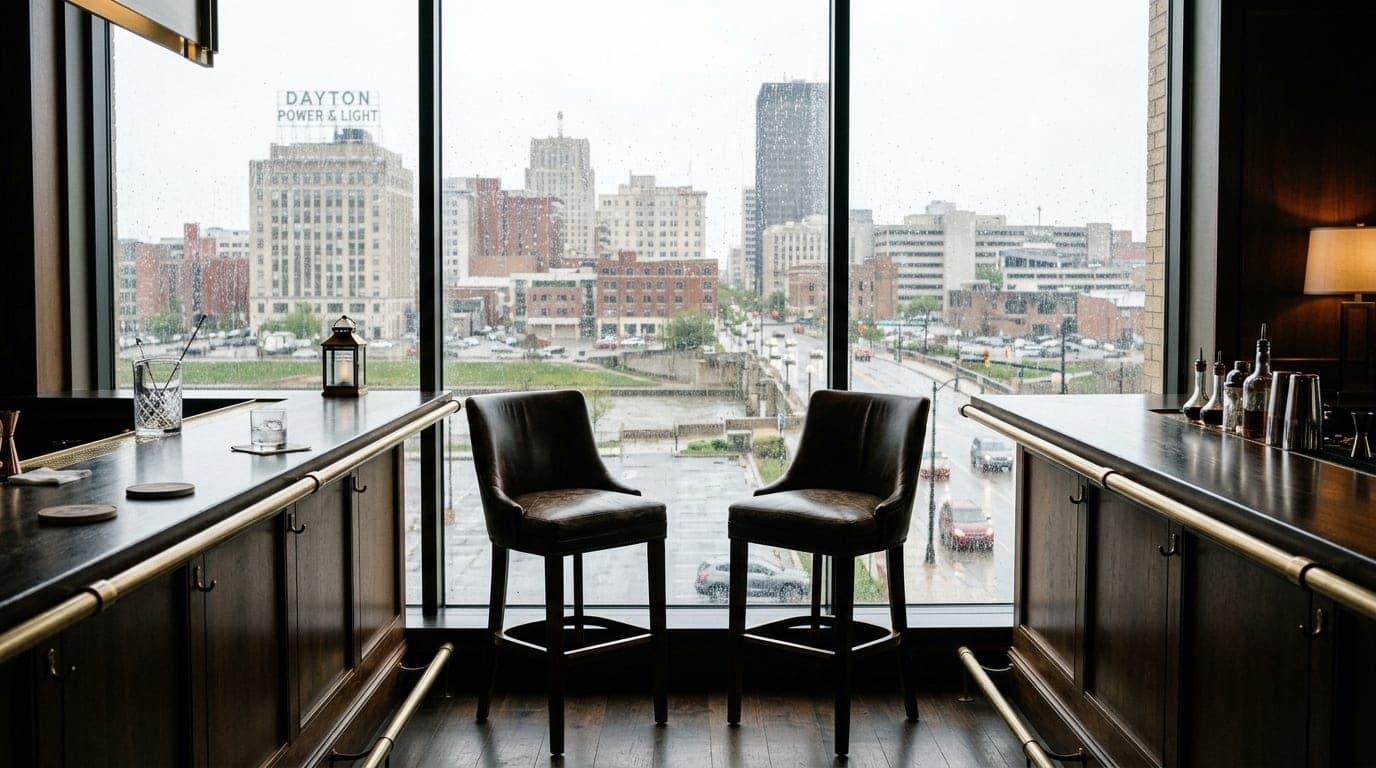 Centered 24mm shot inside a polished Water Street District hotel bar. A pair of empty leather barstools face a rain-streak...