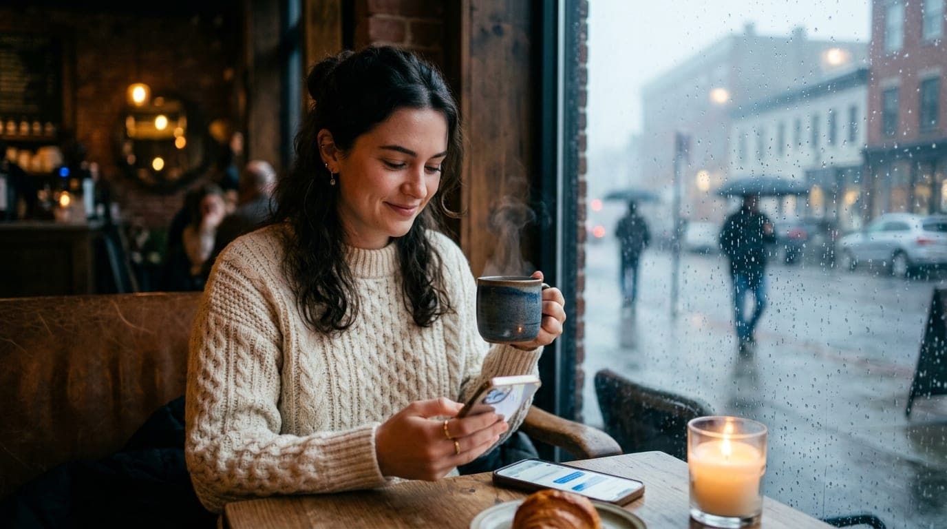 A woman in a cream cable-knit sweater sits in a candle-lit corner of Ghostlight Coffee. She holds a steaming ceramic mug,...