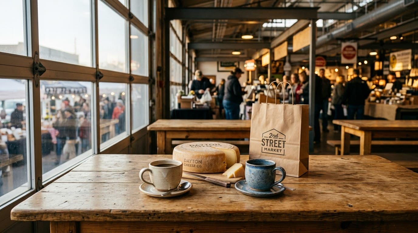 A wide-angle 24mm shot shows a wooden table at 2nd Street Market. Two ceramic coffee cups sit beside a wheel of artisanal...