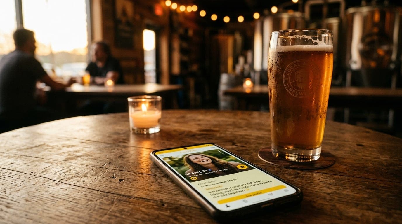 A macro shot of a single smartphone screen displaying a Bumble profile, resting on a weathered wooden brewery table beside...