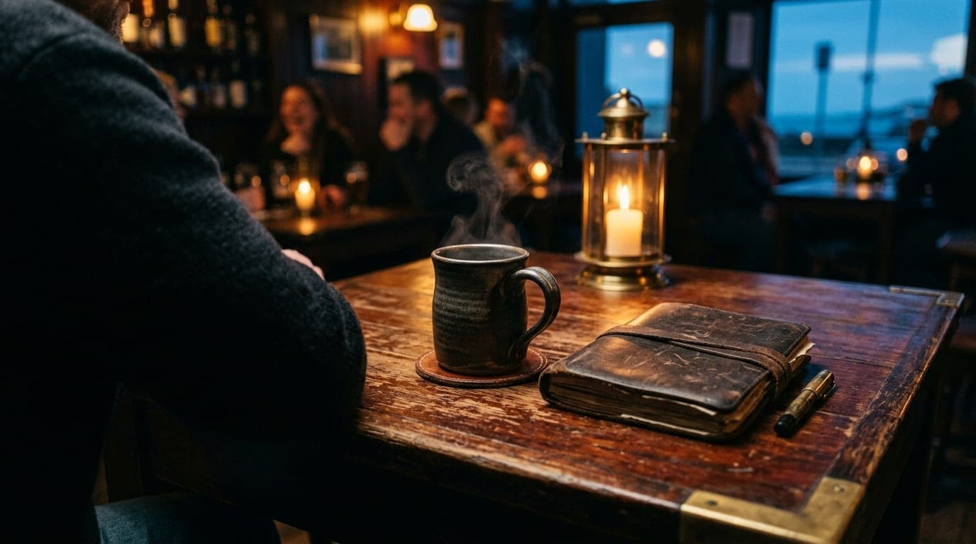 Over-the-shoulder view of a dimly lit mahogany table at a Beach Street tavern. A steaming ceramic mug rests beside a weath...