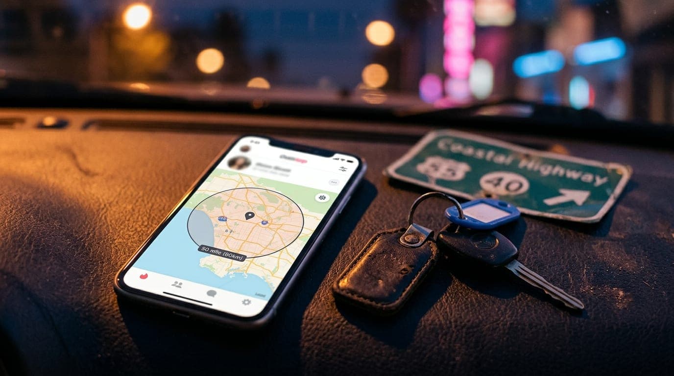 Overhead flat-lay on a dashboard: a smartphone screen showing a Feeld profile map with a 50-mile radius set, beside a pair...