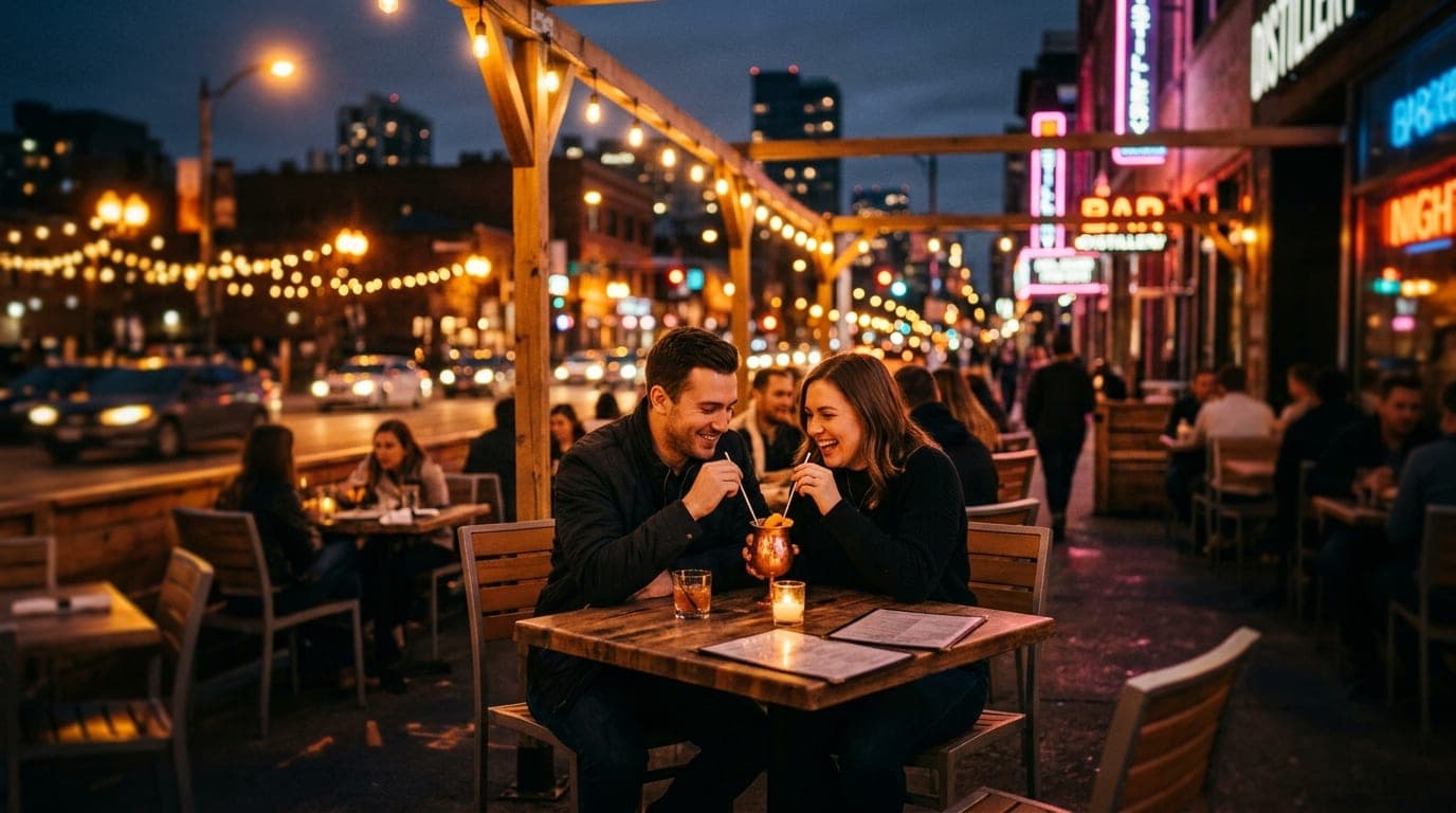 A wide-angle, tilt-shift shot of a couple sharing a copper-hued cocktail at an outdoor distillery table. Warm tungsten glo...