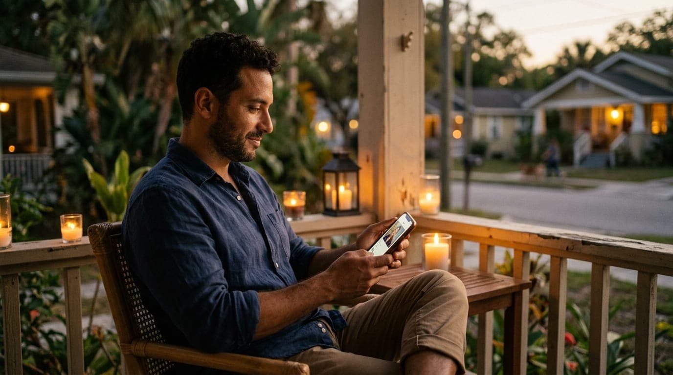 A man in a linen shirt sits on a candle-lit porch in a cozy Daytona neighborhood, looking at a Hinge profile on his phone....
