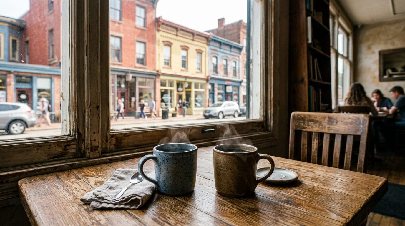 Centered 24mm wide-angle, noon light through a window illuminates two steaming ceramic mugs on a rustic wooden table at a...