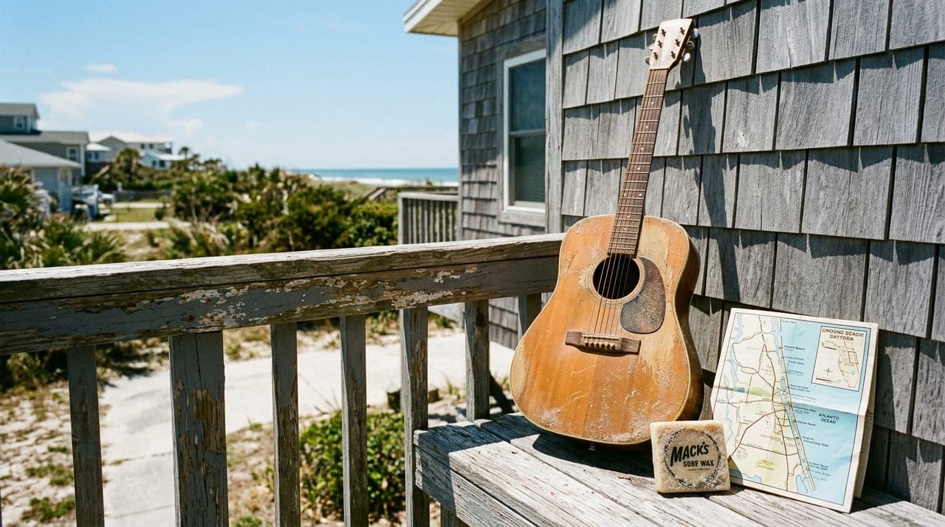 A sun-bleached, sand-dusted acoustic guitar rests against a weathered grey-shingled porch railing in Ormond Beach. Noon su...