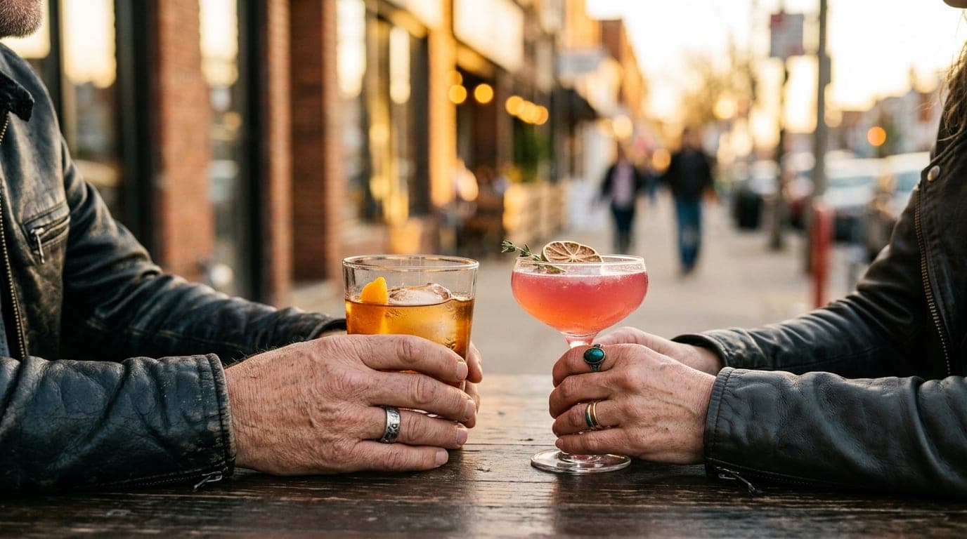 A close-up 85mm portrait, offset left, shows a leather-clad couple’s hands holding two craft cocktails on a Seabreeze Boul...