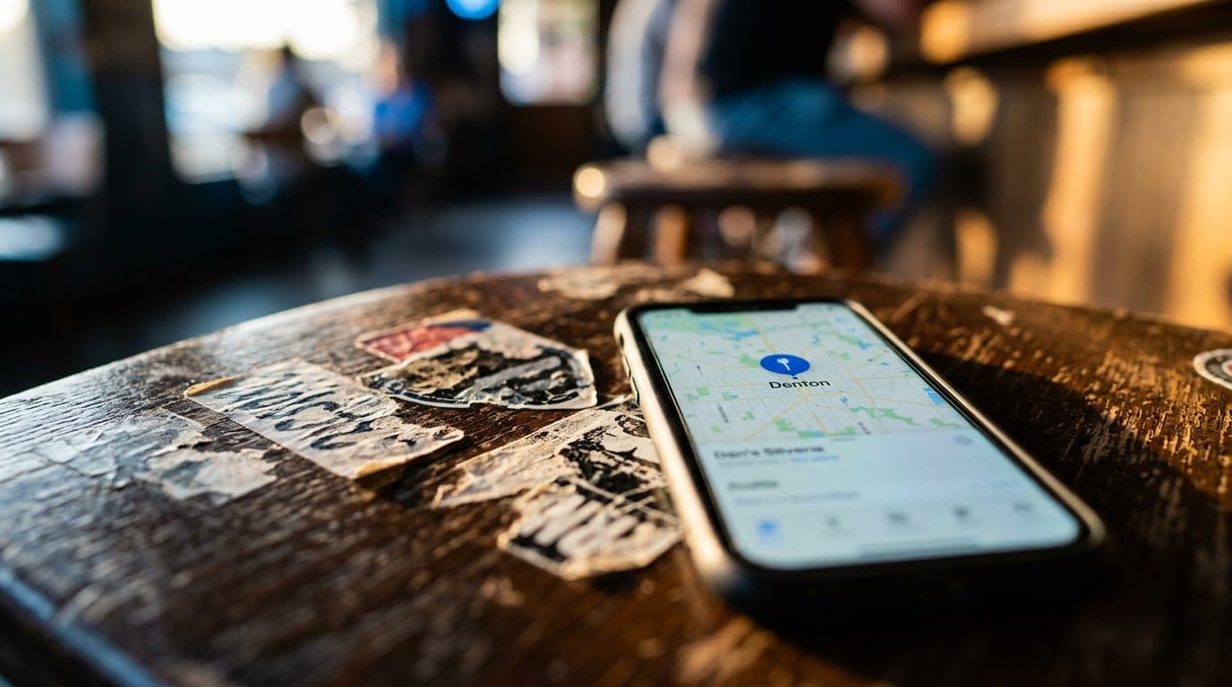 A 100mm macro shot captures a weathered, sticker-covered bar stool at Dan’s Silverleaf during golden hour. A smartphone re...