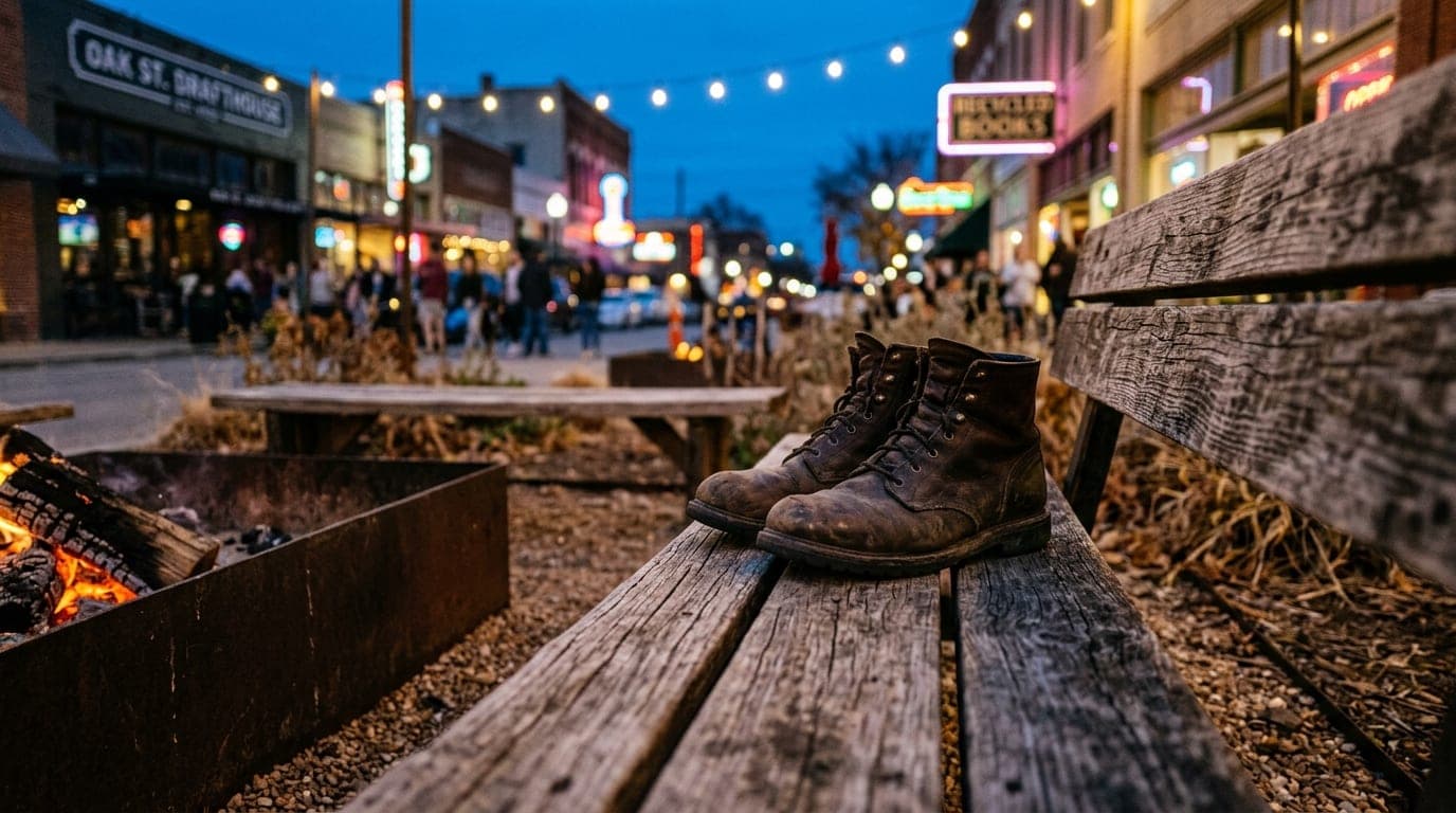 Blue hour, tilt-shift focus on a pair of leather boots resting on a worn wooden bench at an outdoor fire pit, with the neo...