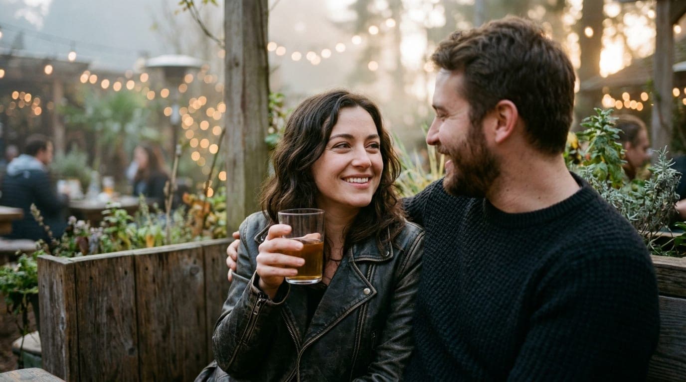 An 85mm portrait captures a couple at an intimate outdoor booth at Forest Room 5. The woman wears a leather jacket, holdin...