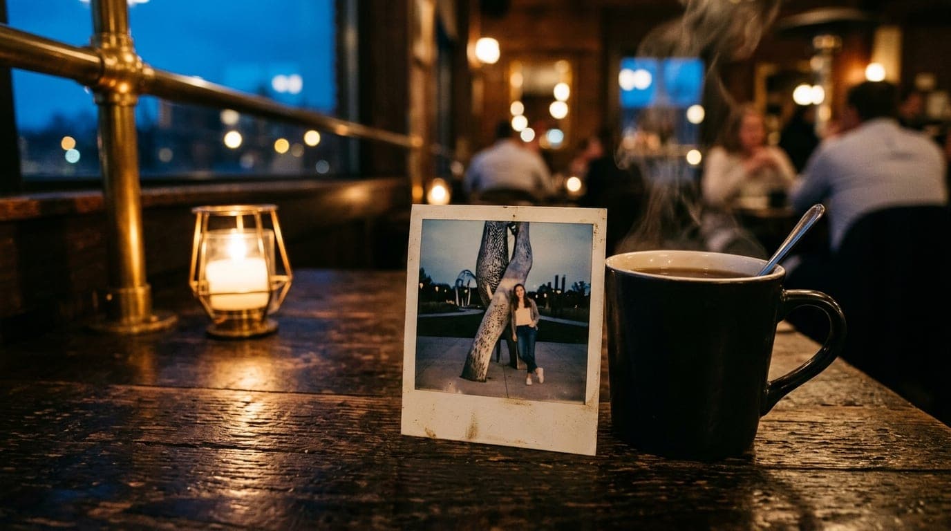 A vintage Polaroid of a person leaning against a sculpture in the Pappajohn Sculpture Park rests on a dark wooden table. A...
