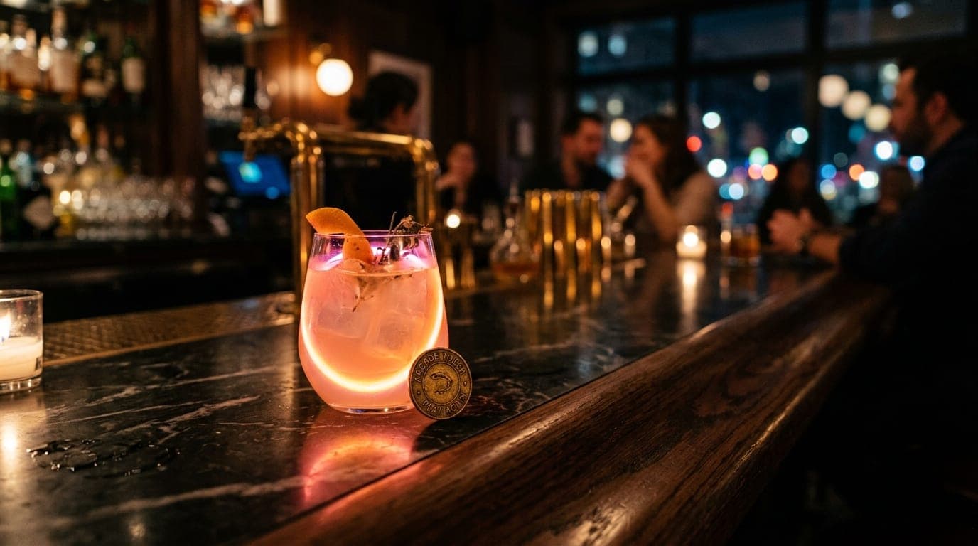 Low-angle hero shot of a neon-lit cocktail glass resting on a marble bar at Juniper Moon. A vintage arcade token sits besi...
