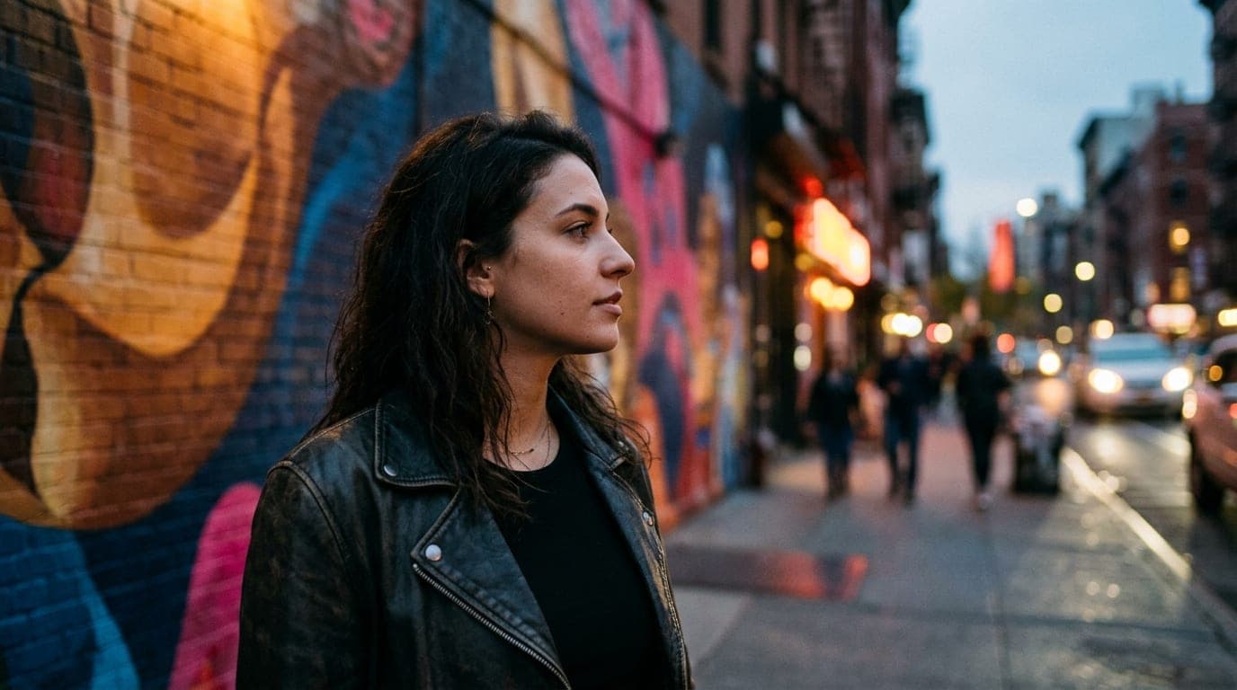 A woman in a leather jacket stands offset left against a colorful East Village mural. Soft noon light illuminates her prof...