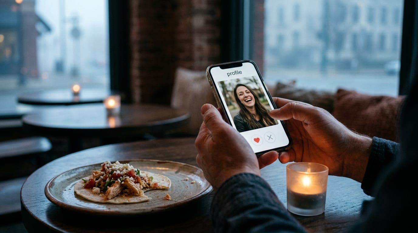 A medium shot inside a dimly candle-lit cafe captures a person’s hands holding a smartphone displaying a Tinder profile. B...