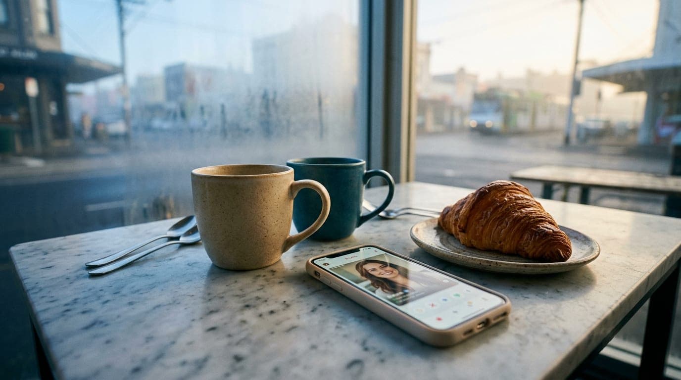 A tilt-shift close-up of two ceramic coffee mugs on a marble tabletop at St. Kilda. Natural noon sunlight illuminates a sm...