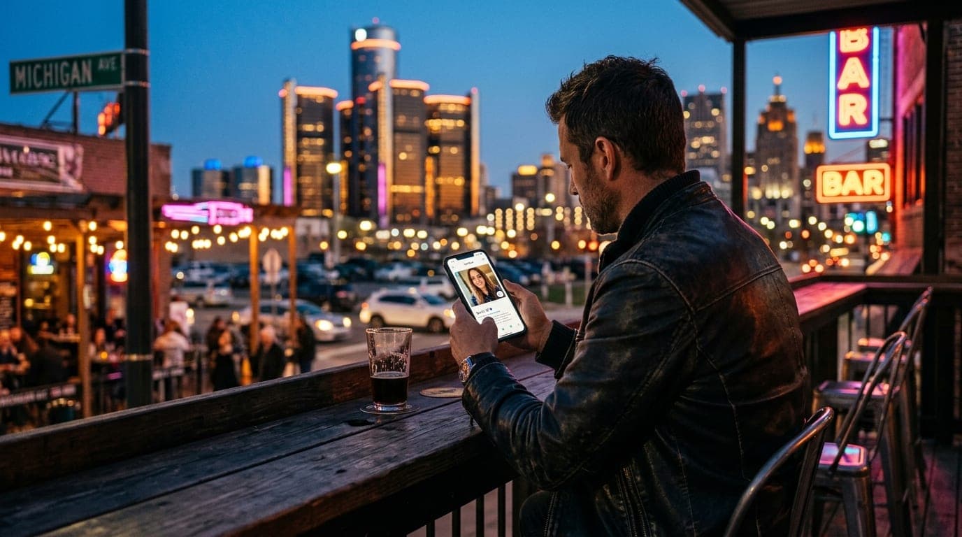 Over-the-shoulder shot at a neon-lit Corktown bar. A man in a leather jacket checks a verified dating profile on his phone...