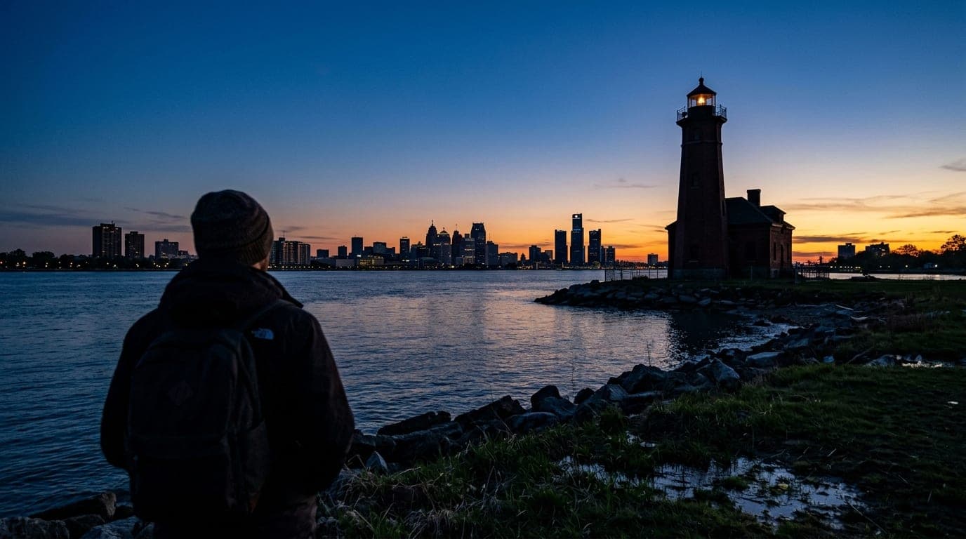 The iconic Belle Isle lighthouse stands silhouetted against a deep indigo dusk sky, its beacon glowing faintly over the tr...