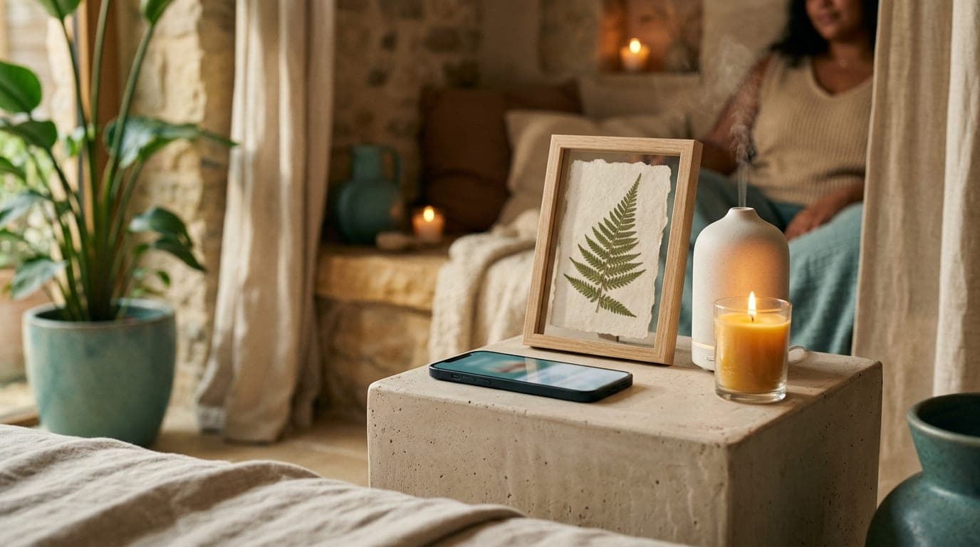 A sleek, modern smartphone resting on a minimalist ceramic pedestal. Beside it, a single pressed fern and a lit aromathera...