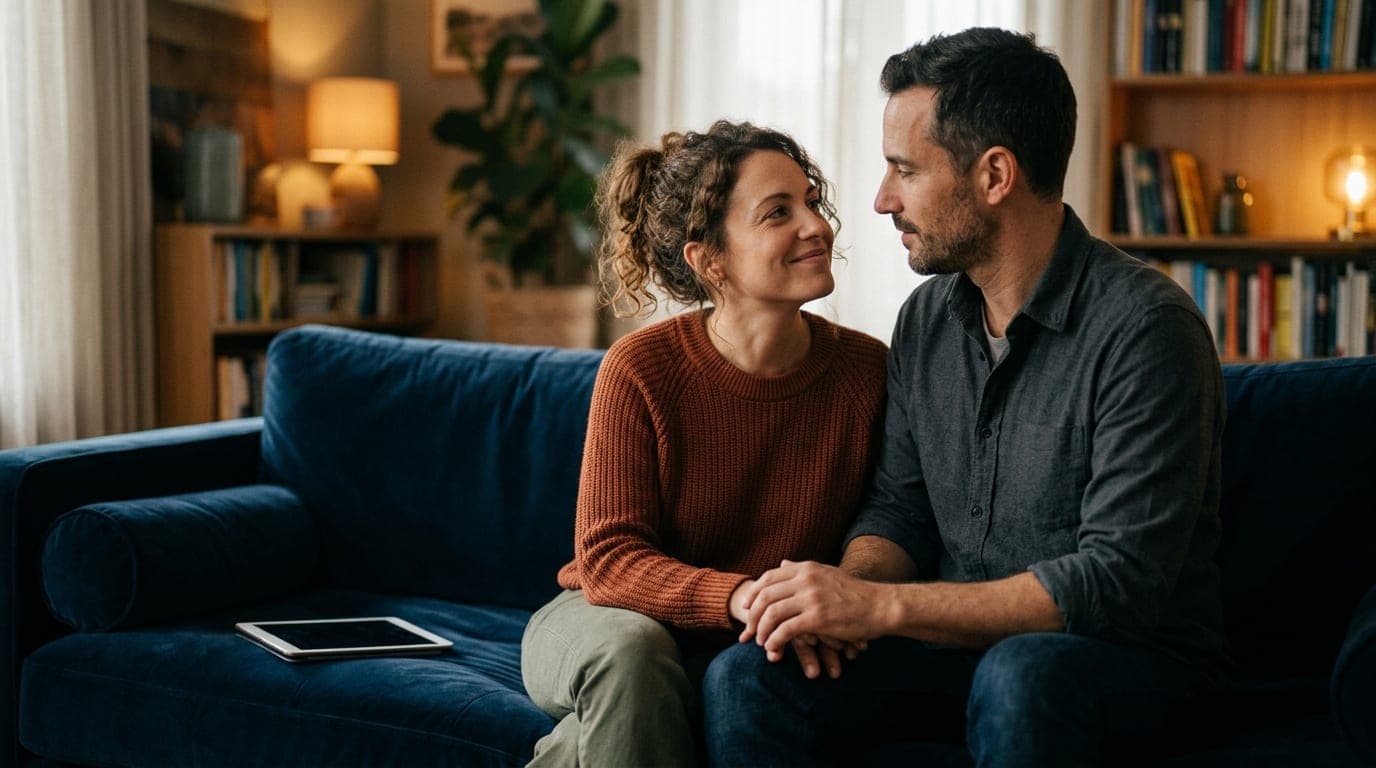 Low-angle hero shot of a couple sitting on a velvet couch, turning away from a discarded tablet to lock eyes. Warm ambient...