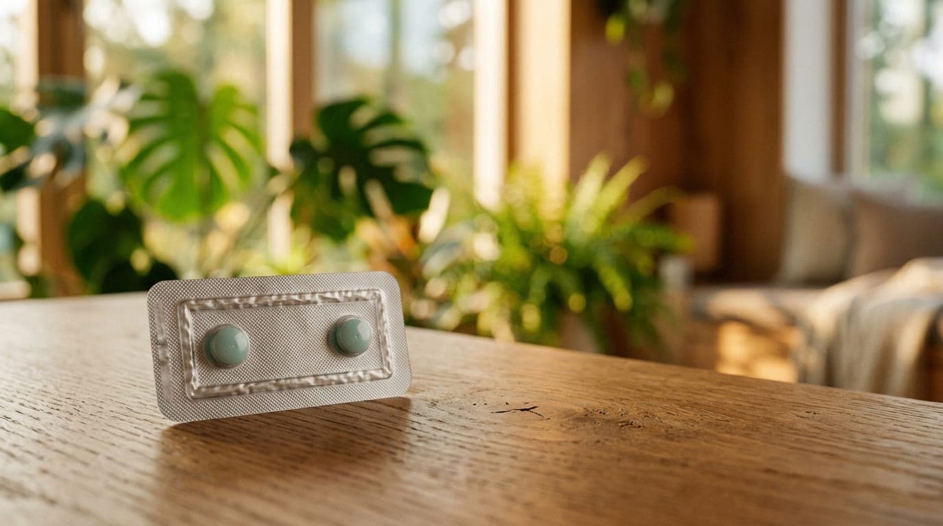 Extreme macro of a sealed post-exposure prophylaxis medication blister pack resting on a minimalist oak surface, bathed in...