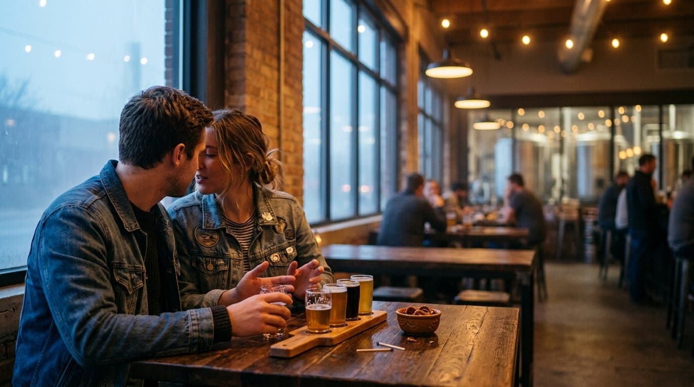An 85mm shot, offset left, captures a couple in denim jackets sharing a flight of craft beer at a corner table inside a di...