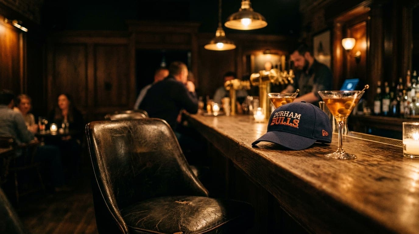 A low-angle shot of a leather bar stool at a dim Durham lounge, featuring a Durham Bulls baseball cap resting next to two...