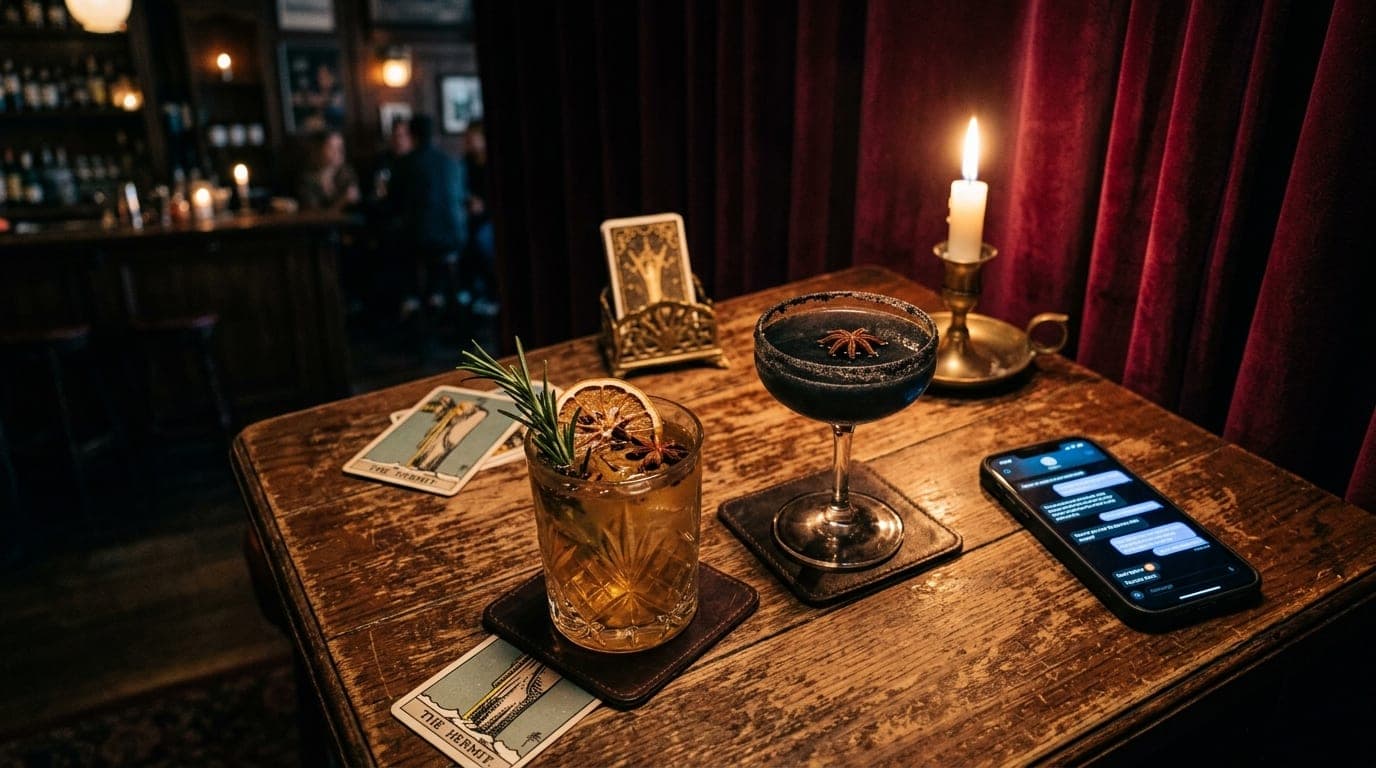 A 35mm documentary shot shows a dimly lit table at Arcana. Two tarot-themed cocktails sit beside a single smartphone with...
