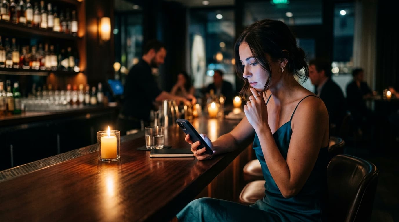 A woman in a silk slip dress sits at a dimly lit mahogany bar, pensively reviewing a lengthy personality report on her pho...