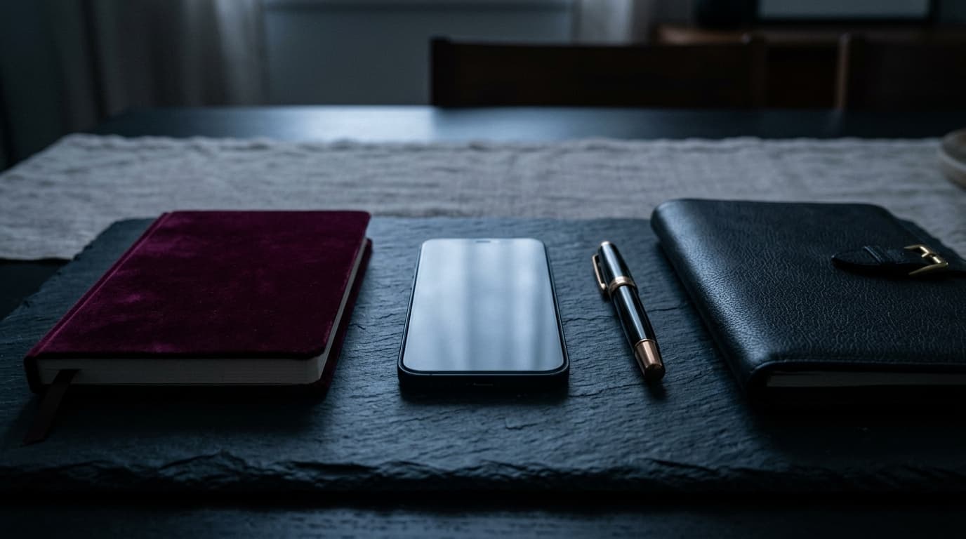 A smartphone displaying a detailed compatibility dossier centered on a slate tabletop, flanked by a single velvet-bound qu...