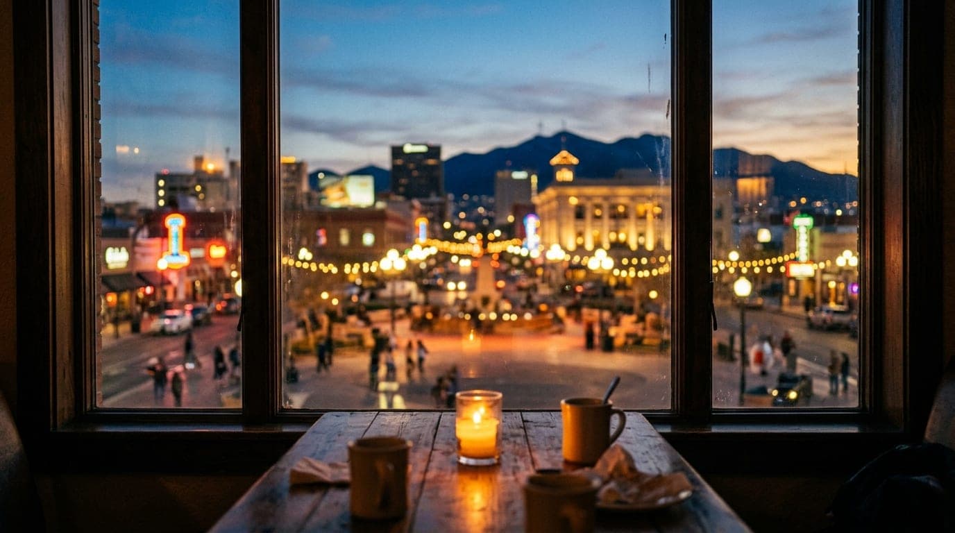 A candle-lit table in a cozy Five Points coffee shop interior, with tilt-shift focus drawing the eye through a window to t...