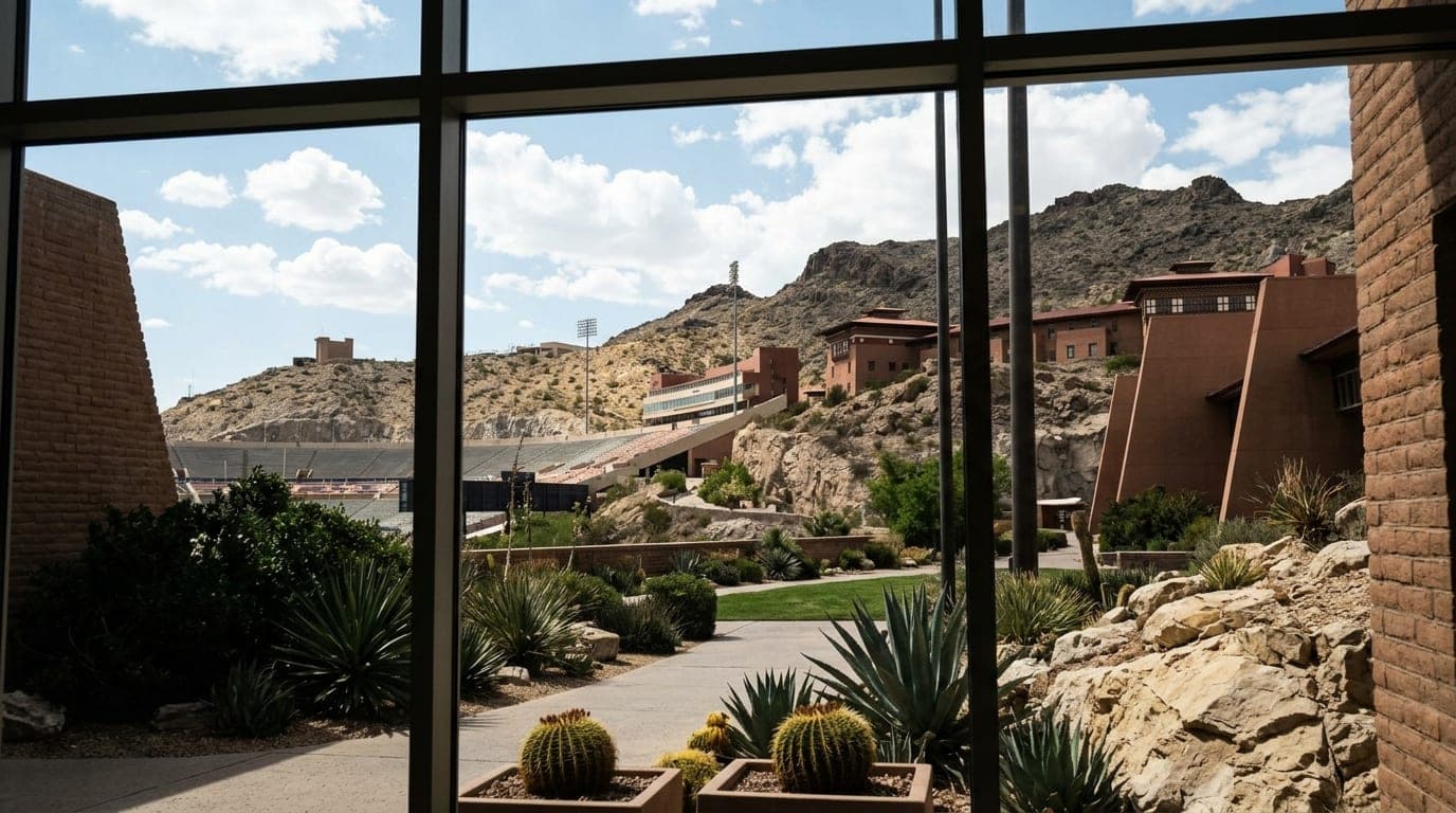 Natural noon light streams through a window, illuminating the desert-inspired architectural curves of the Chihuahuan Deser...