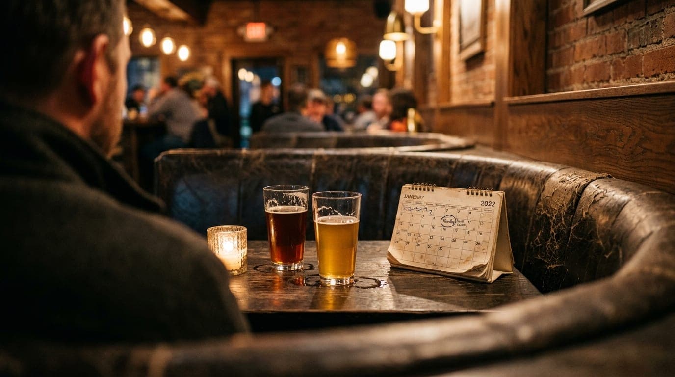 Over-the-shoulder 100mm macro shot of a worn leather booth at a dimly lit Elk Grove brewery. A crisp Thursday evening cale...