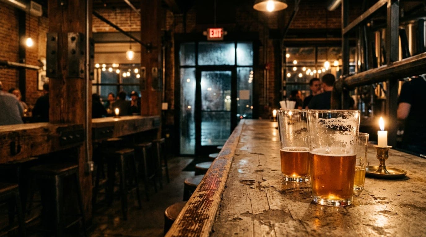 A low-angle, tilt-shift shot at a Tilted Mash industrial brewery. Two half-poured amber pints sit on a scarred concrete ba...