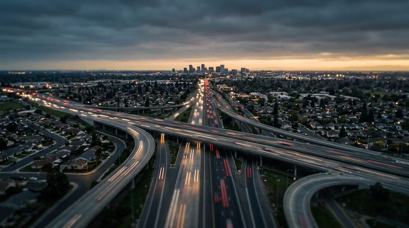 Tilt-shift overhead view of Highway 99 interchange at overcast dawn. Selective focus highlights long, blurred ribbons of r...