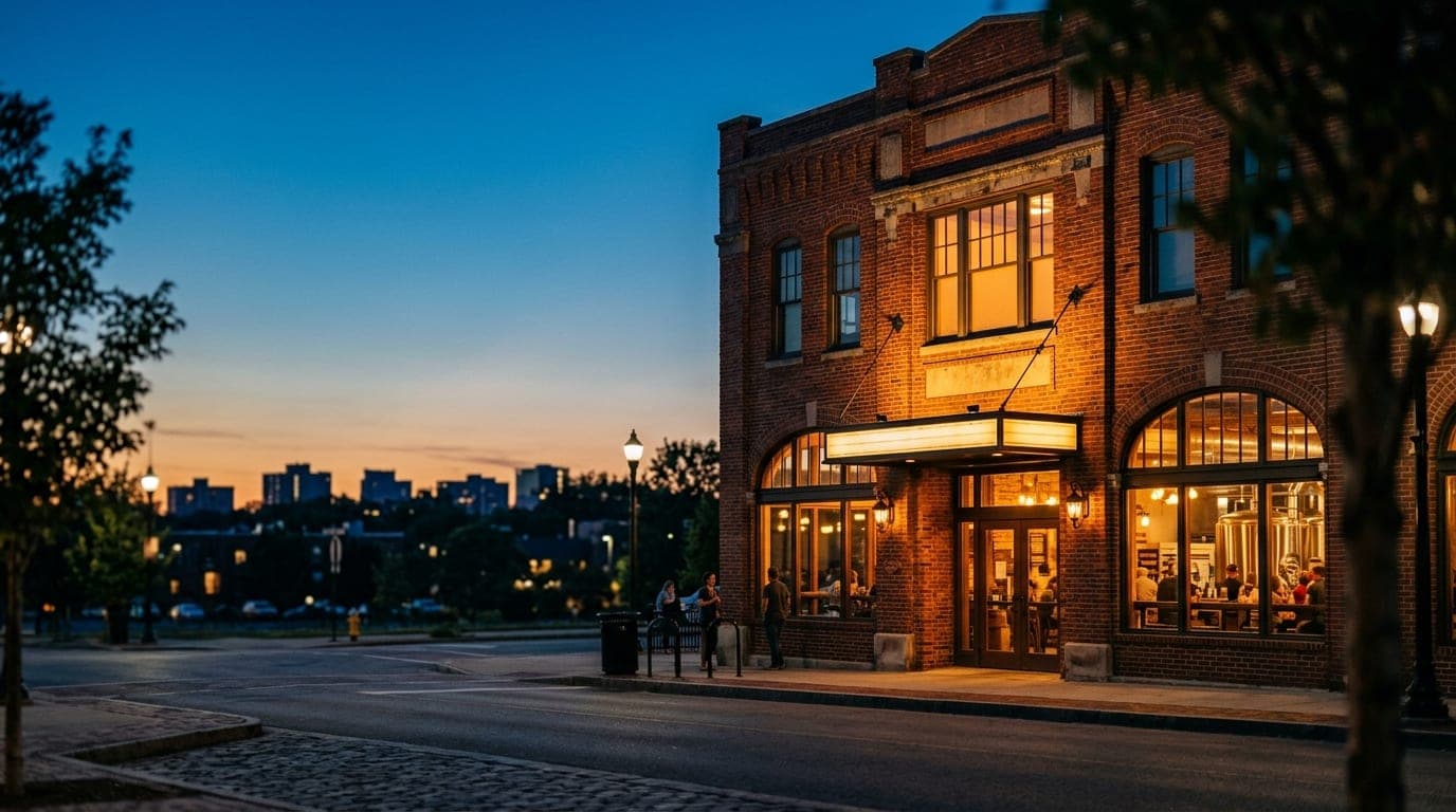 A 35mm wide shot captures the illuminated, rustic brick facade of the Dust Bowl Brewing Co. in Old Town at night, glowingl...